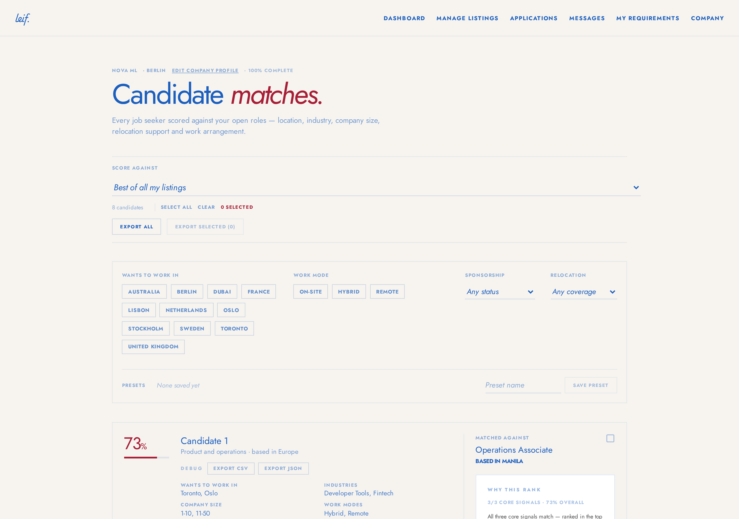 Ranked candidates with match breakdowns
